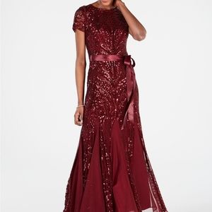 Sequin embellished pleated gown red burgundy mother of bride